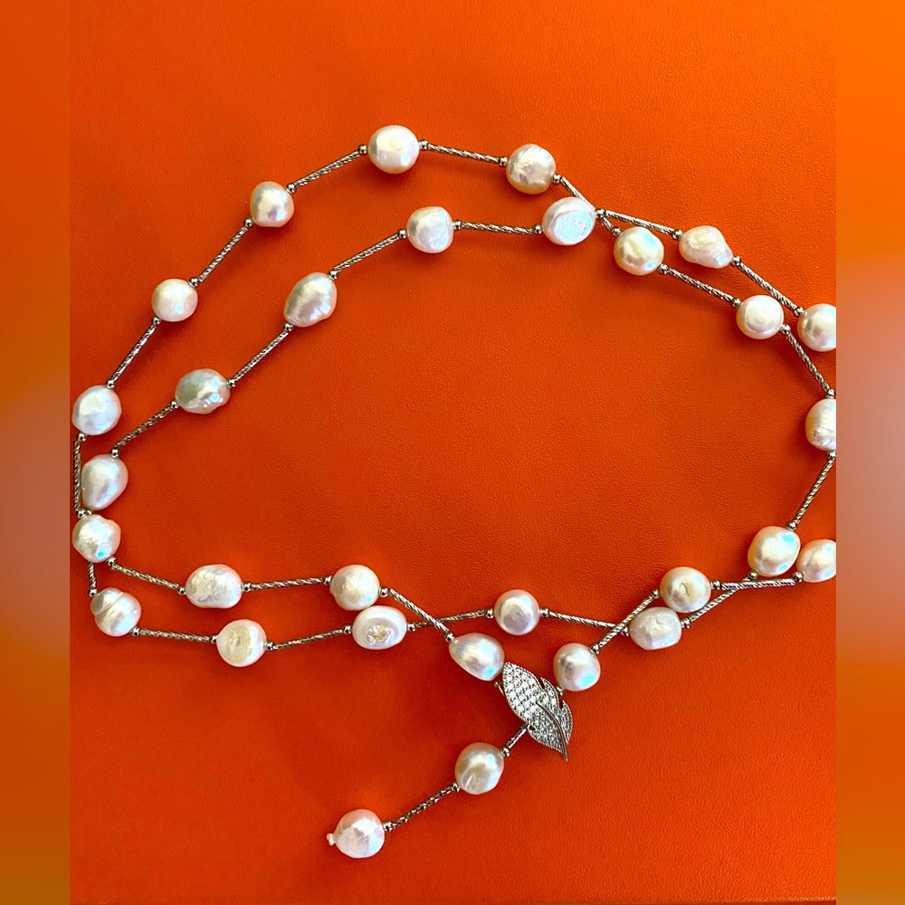 Baroque Cultured White Pearl Necklace Adjustable 36” Rhinestone Leaf Clip silver